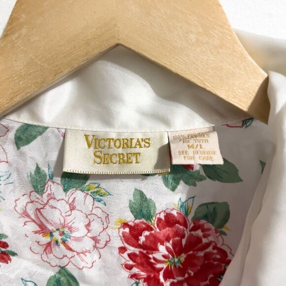 Victorias Secret Gold Label Sleep Shirt M/L Pink Red Floral Satin Short Sleeve - Picture 3 of 6